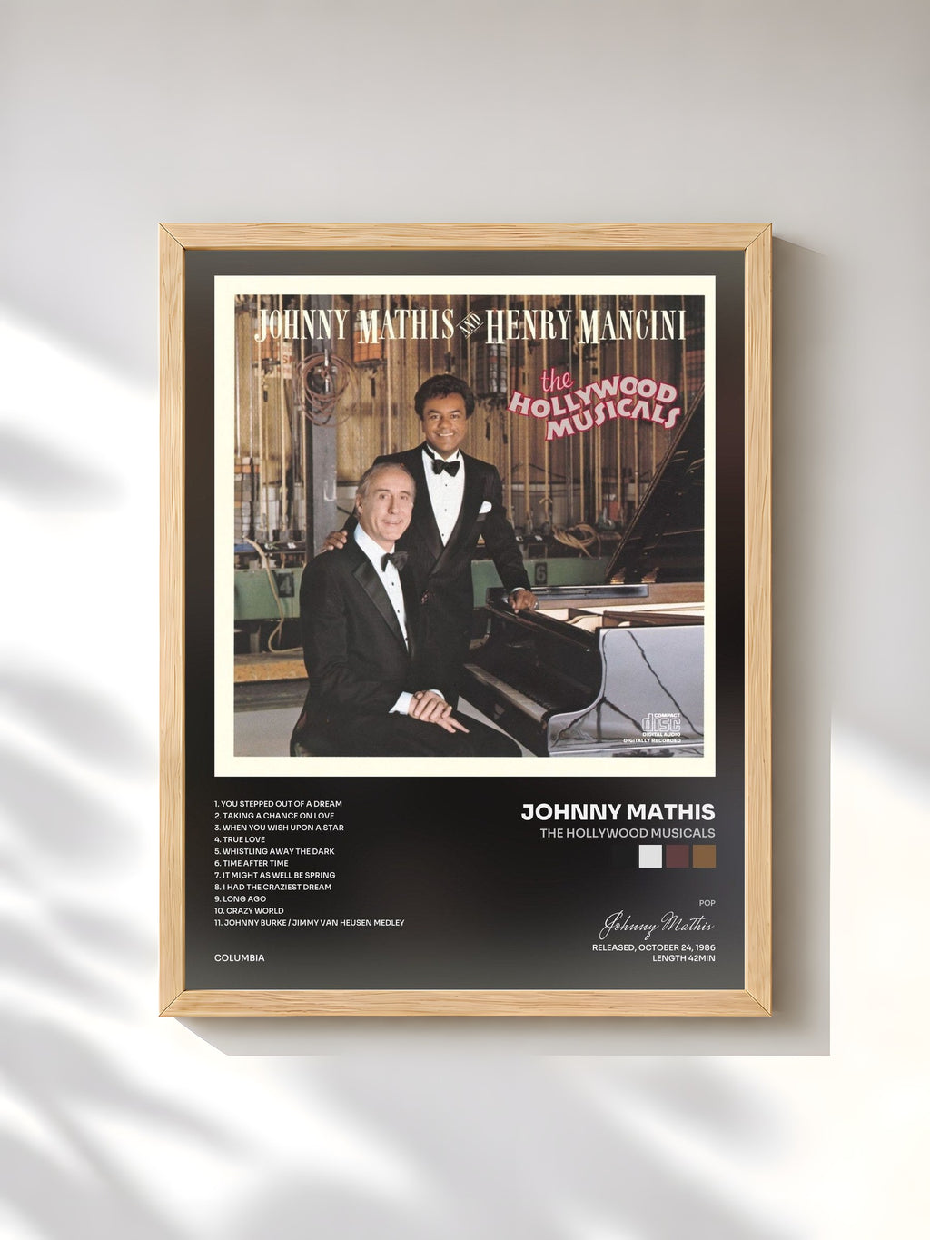 #bois Tableau de l'album The Hollywood Musicals de Johnny Mathis, cadre en bois brut, imprimé et encadré en France