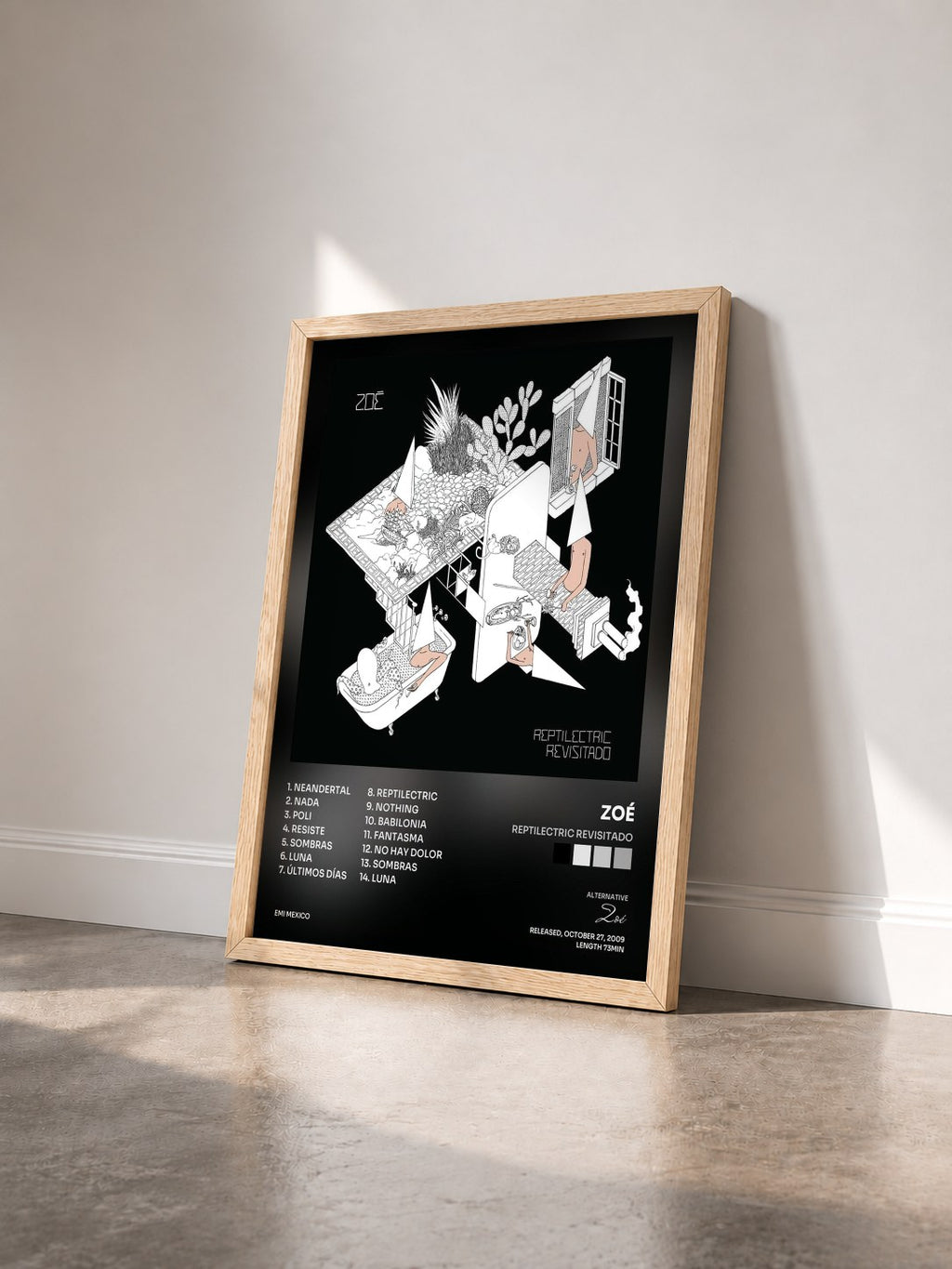 #bois Tableau de l'album Reptilectric Revisitado de Zoé vu de trois quarts, cadre en bois brut