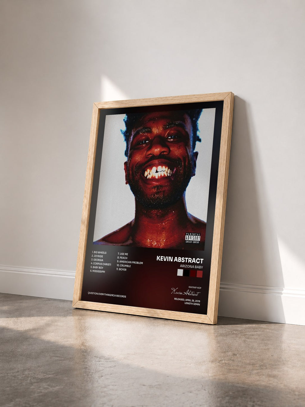 #bois Tableau de l'album ARIZONA BABY de Kevin Abstract vu de trois quarts, cadre en bois brut