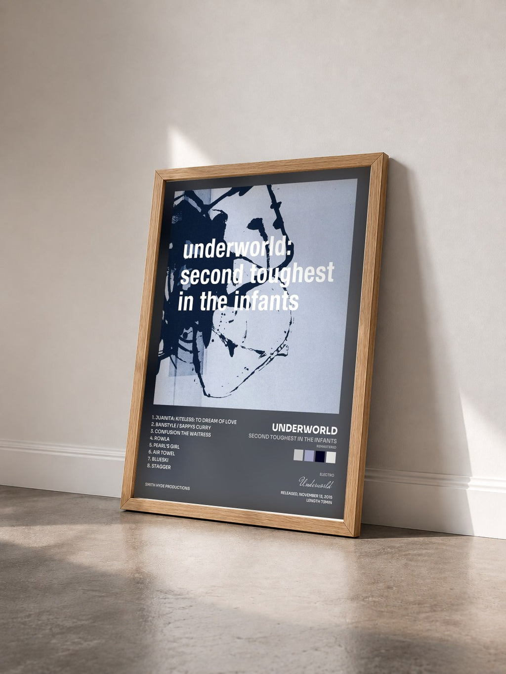 #bois Tableau de l'album Second Toughest In The Infants (Remastered) de Underworld vu de trois quarts, cadre en bois brut