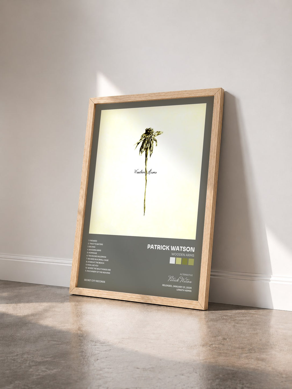 #bois Tableau de l'album Wooden Arms de Patrick Watson vu de trois quarts, cadre en bois brut