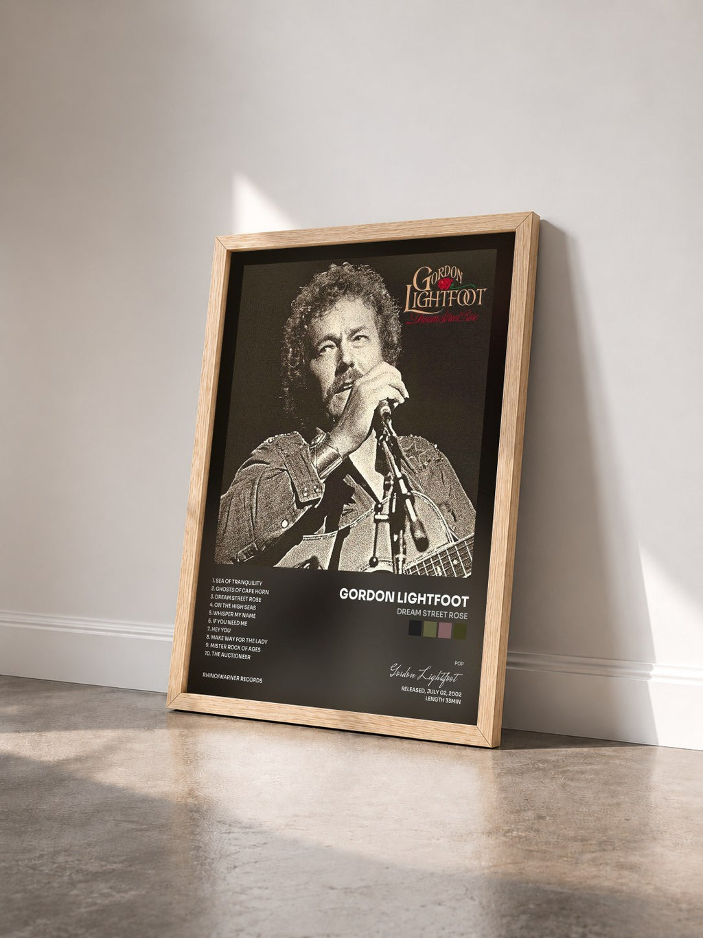 #bois Tableau de l'album Dream Street Rose de Gordon Lightfoot vu de trois quarts, cadre en bois brut