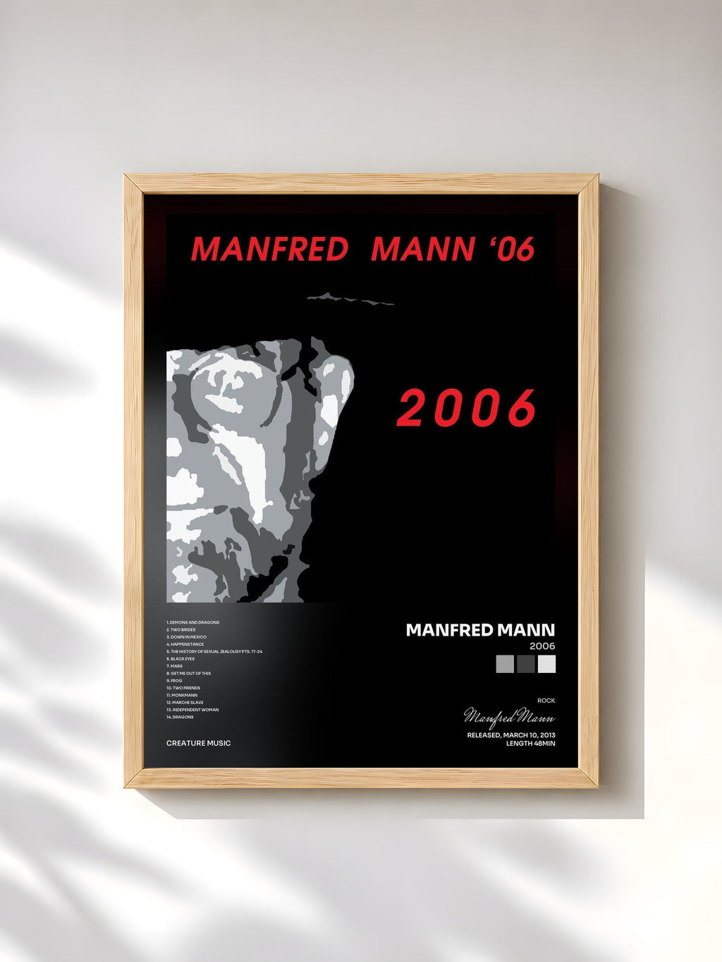 #bois Tableau de l'album 2006 de Manfred Mann, cadre en bois brut, imprimé et encadré en France