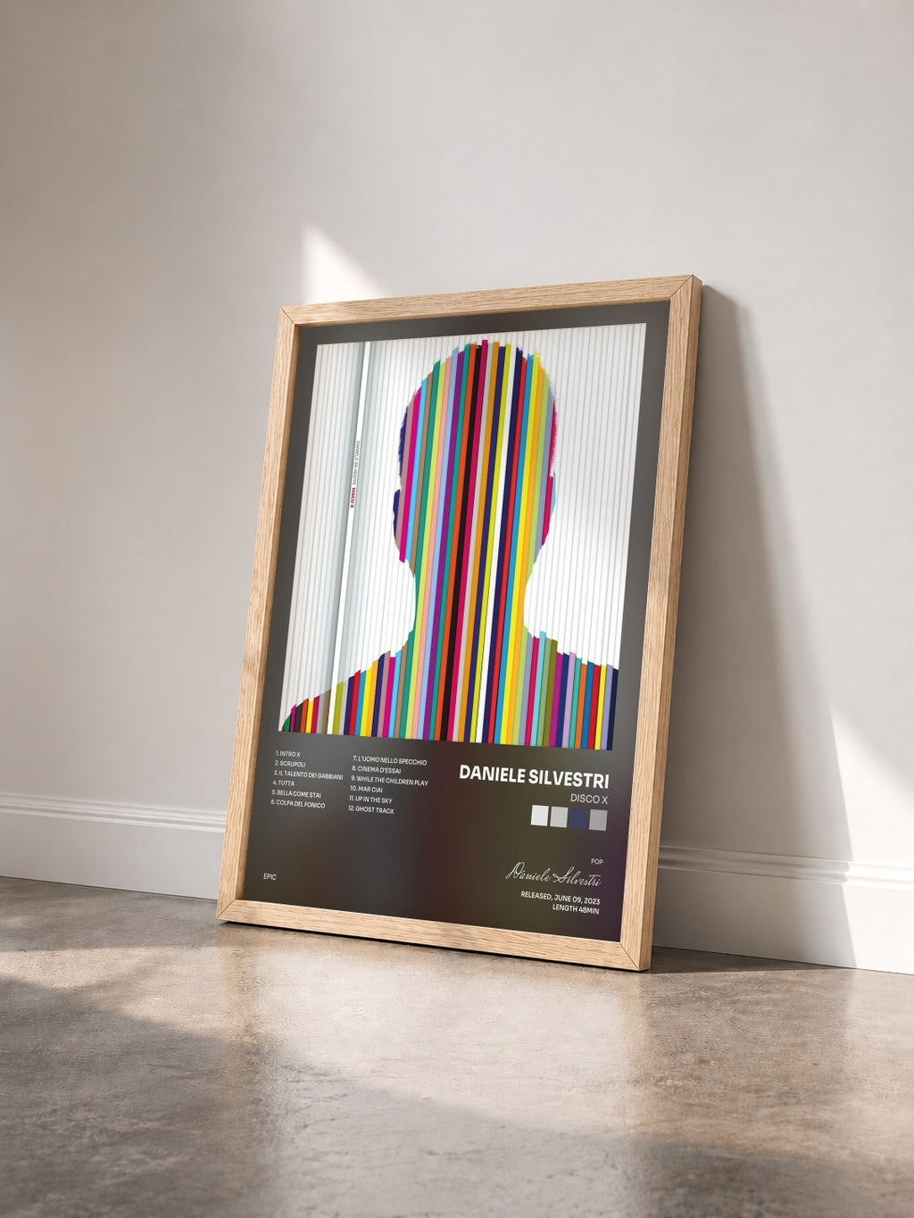 #bois Tableau de l'album Disco X de Daniele Silvestri vu de trois quarts, cadre en bois brut
