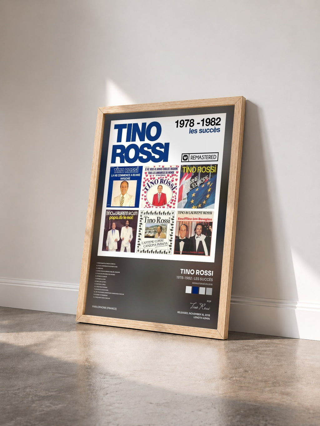 #bois Tableau de l'album 1978-1982 : Les succès (Remasterisé en 2018) de Tino Rossi vu de trois quarts, cadre en bois brut