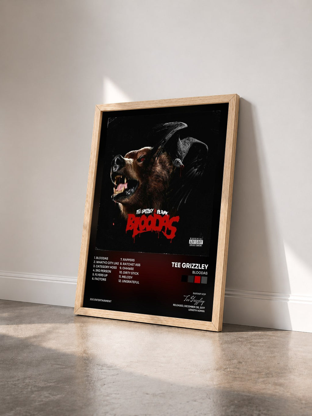 #bois Tableau de l'album Bloodas de Tee Grizzley vu de trois quarts, cadre en bois brut