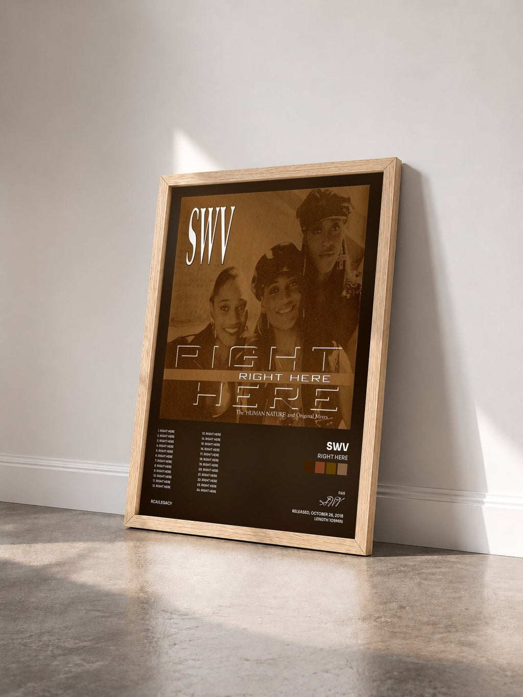 #bois Tableau de l'album Right Here de SWV vu de trois quarts, cadre en bois brut