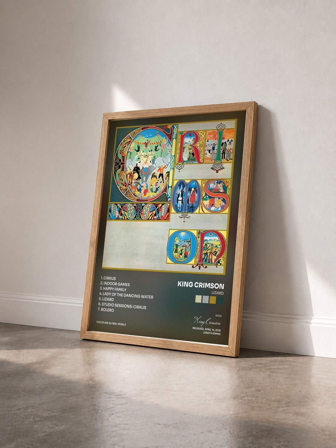 #bois Tableau de l'album Lizard de King Crimson vu de trois quarts, cadre en bois brut