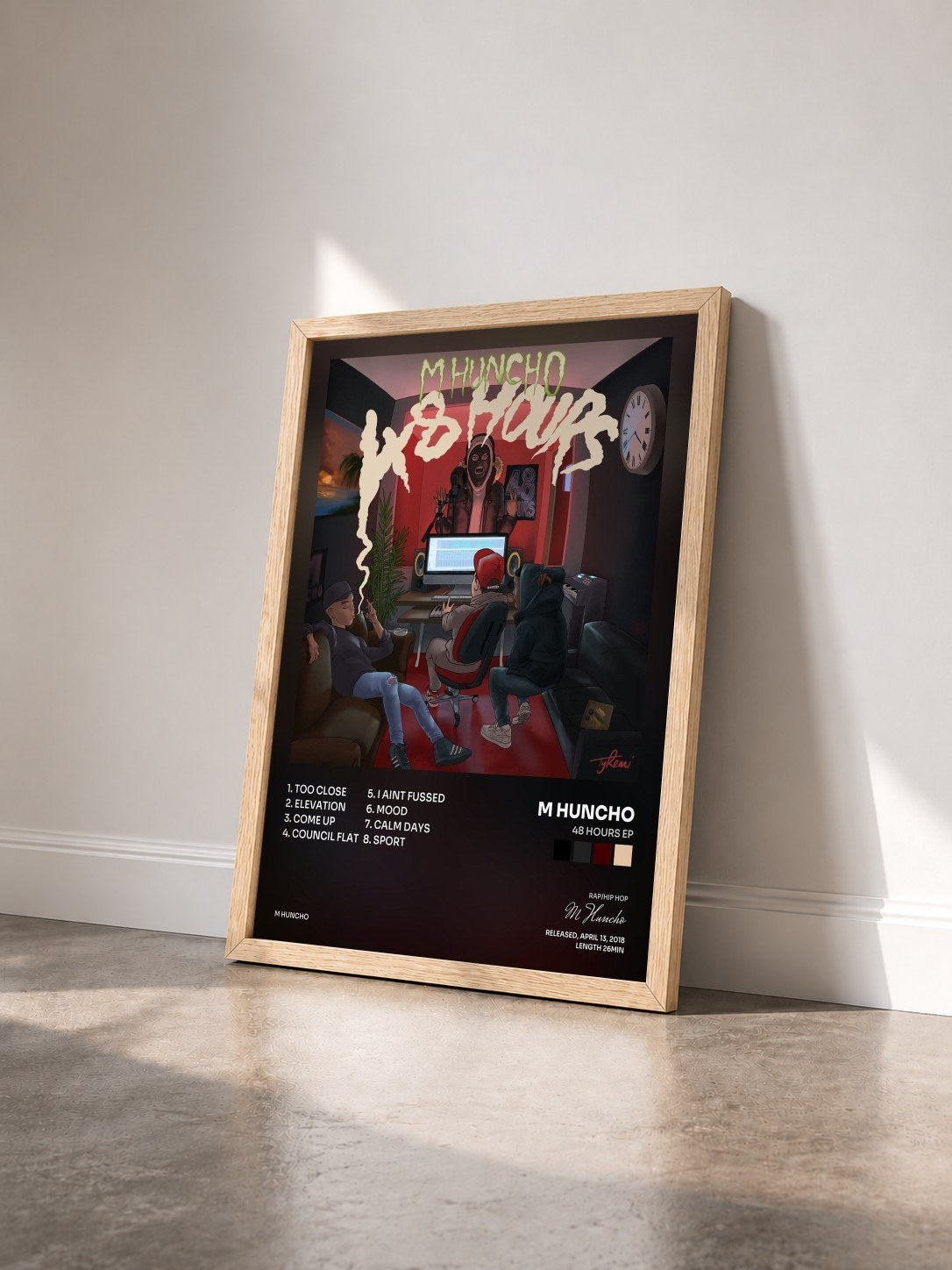 #bois Tableau de l'album 48 Hours EP de M Huncho vu de trois quarts, cadre en bois brut