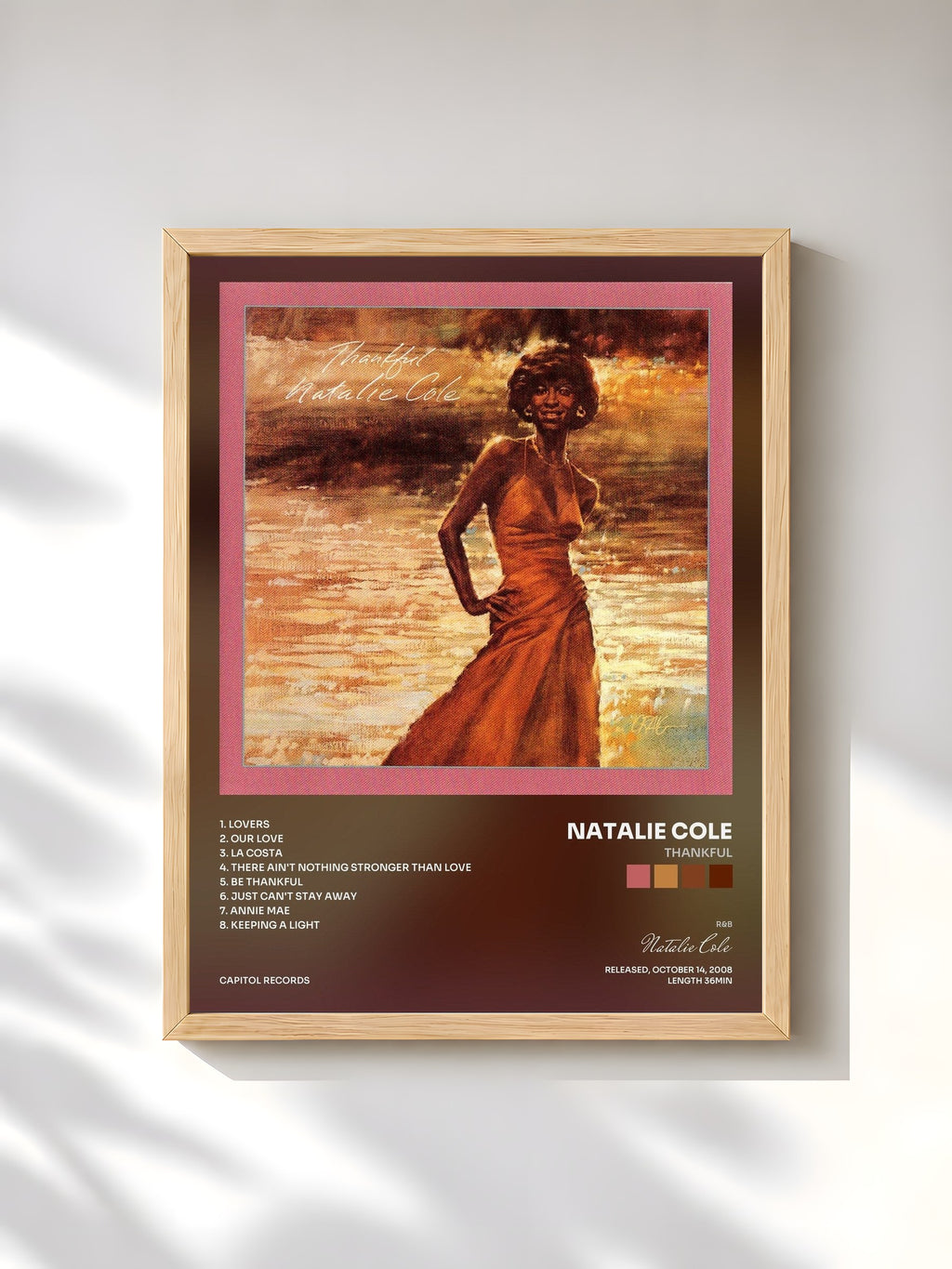#bois Tableau de l'album Thankful de Natalie Cole, cadre en bois brut, imprimé et encadré en France