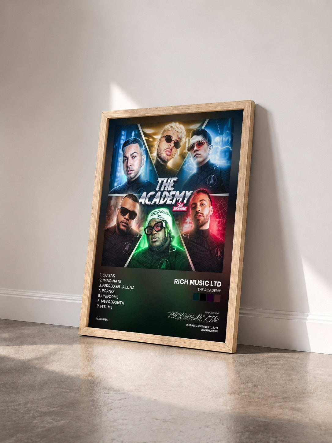 #bois Tableau de l'album The Academy de RICH MUSIC LTD vu de trois quarts, cadre en bois brut