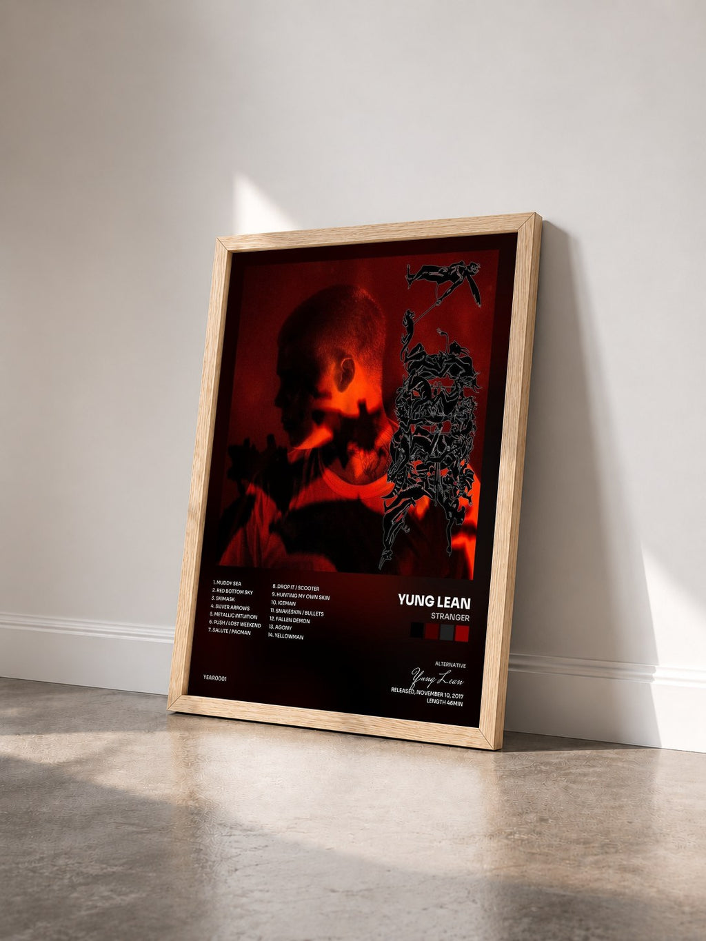 #bois Tableau de l'album Stranger de Yung Lean vu de trois quarts, cadre en bois brut