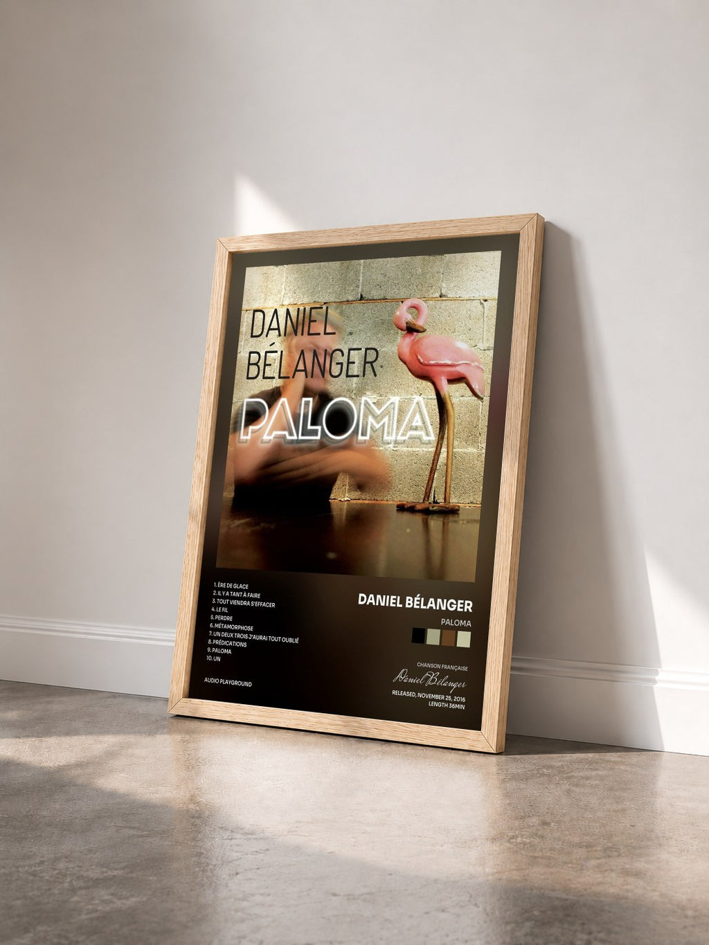 #bois Tableau de l'album Paloma de Daniel Bélanger vu de trois quarts, cadre en bois brut