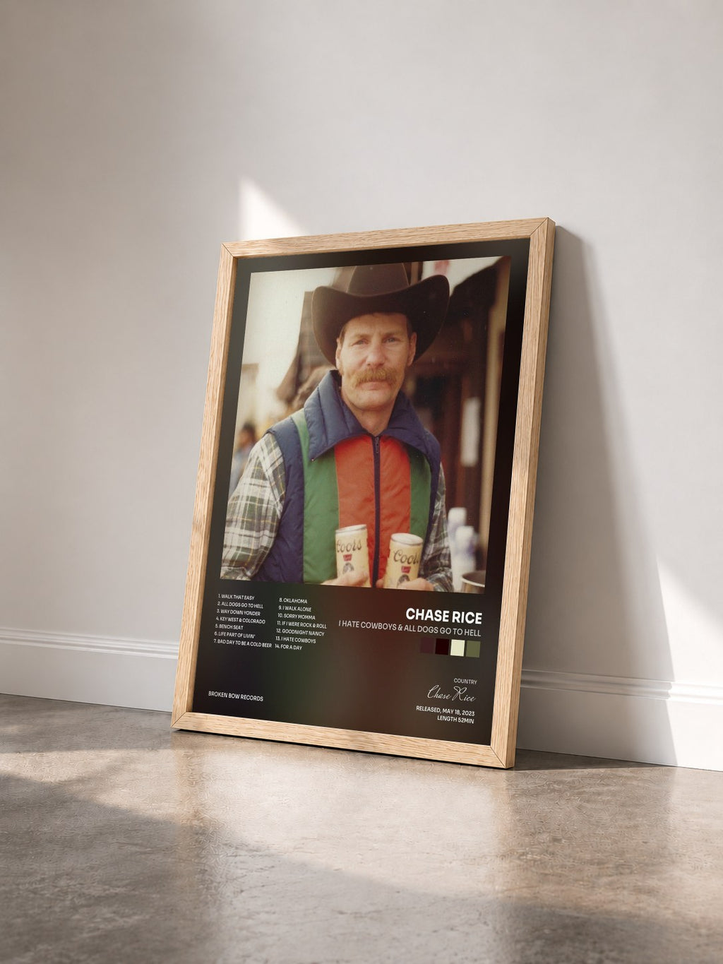 #bois Tableau de l'album I Hate Cowboys & All Dogs Go To Hell de Chase Rice vu de trois quarts, cadre en bois brut