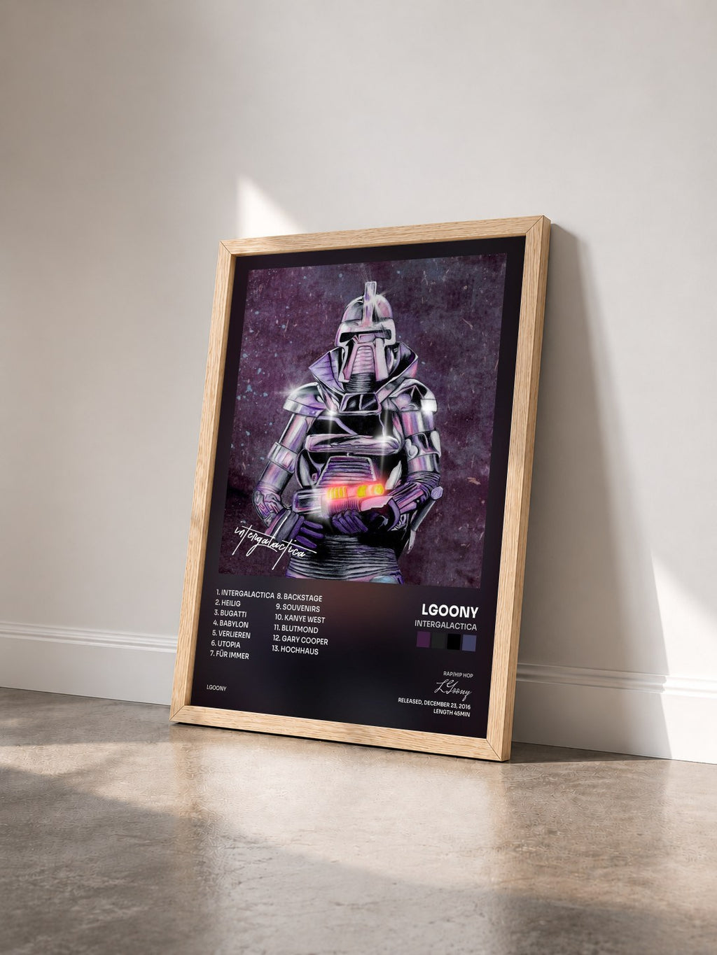 #bois Tableau de l'album Intergalactica de LGoony vu de trois quarts, cadre en bois brut