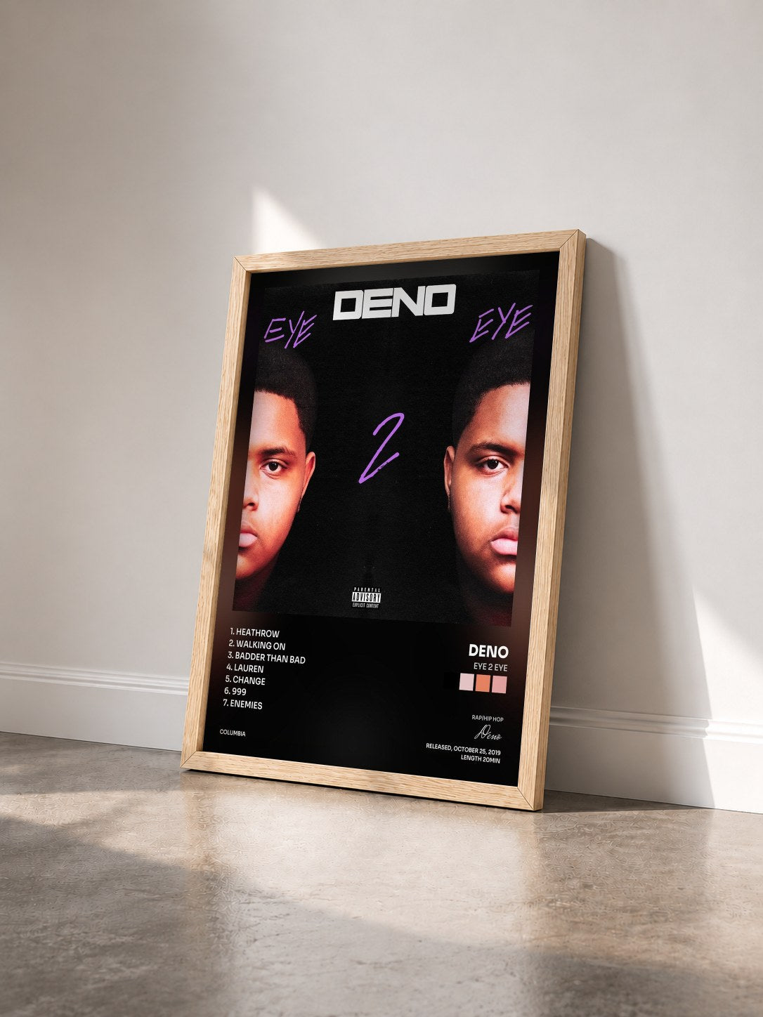 #bois Tableau de l'album Eye 2 Eye de Deno vu de trois quarts, cadre en bois brut