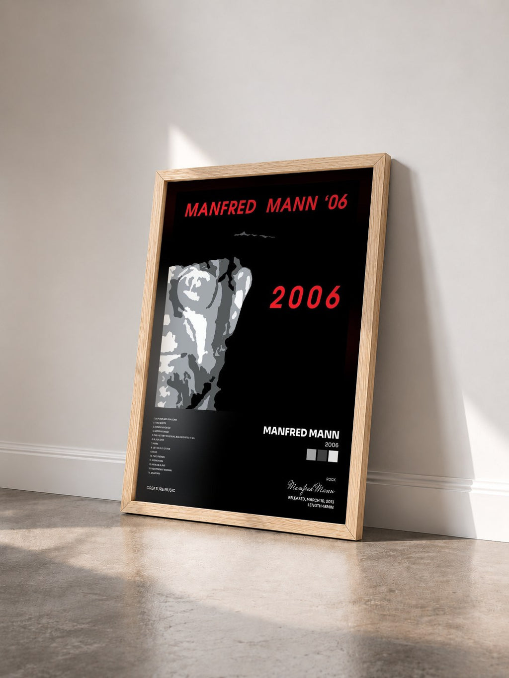 #bois Tableau de l'album 2006 de Manfred Mann vu de trois quarts, cadre en bois brut