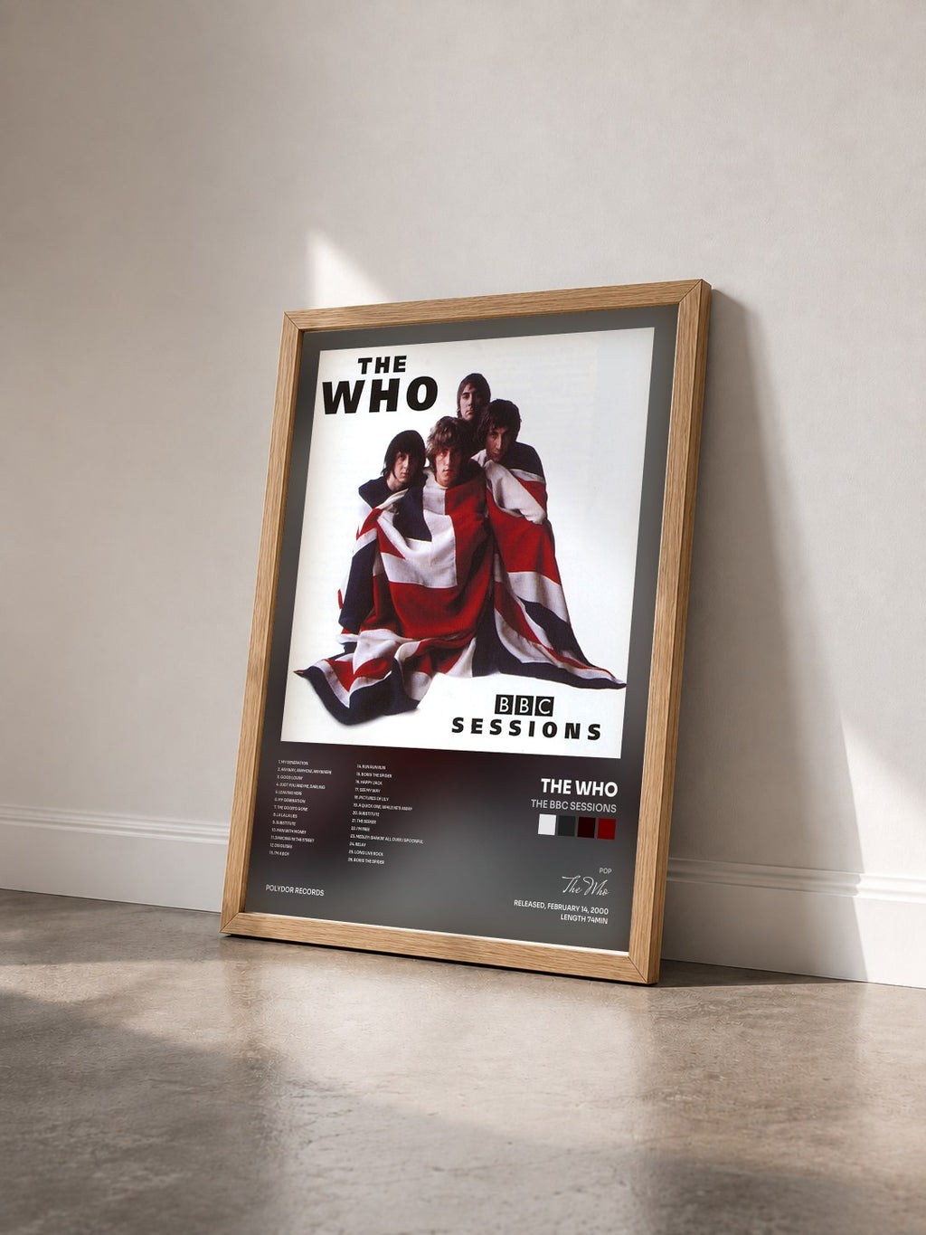 #bois Tableau de l'album The BBC Sessions de The Who vu de trois quarts, cadre en bois brut