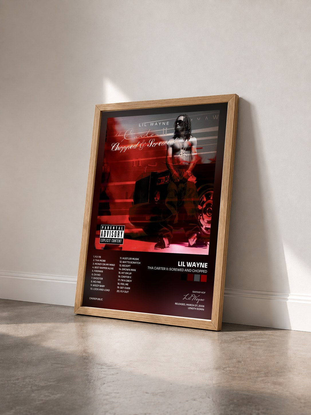 #bois Tableau de l'album Tha Carter II: Screwed And Chopped de Lil Wayne vu de trois quarts, cadre en bois brut