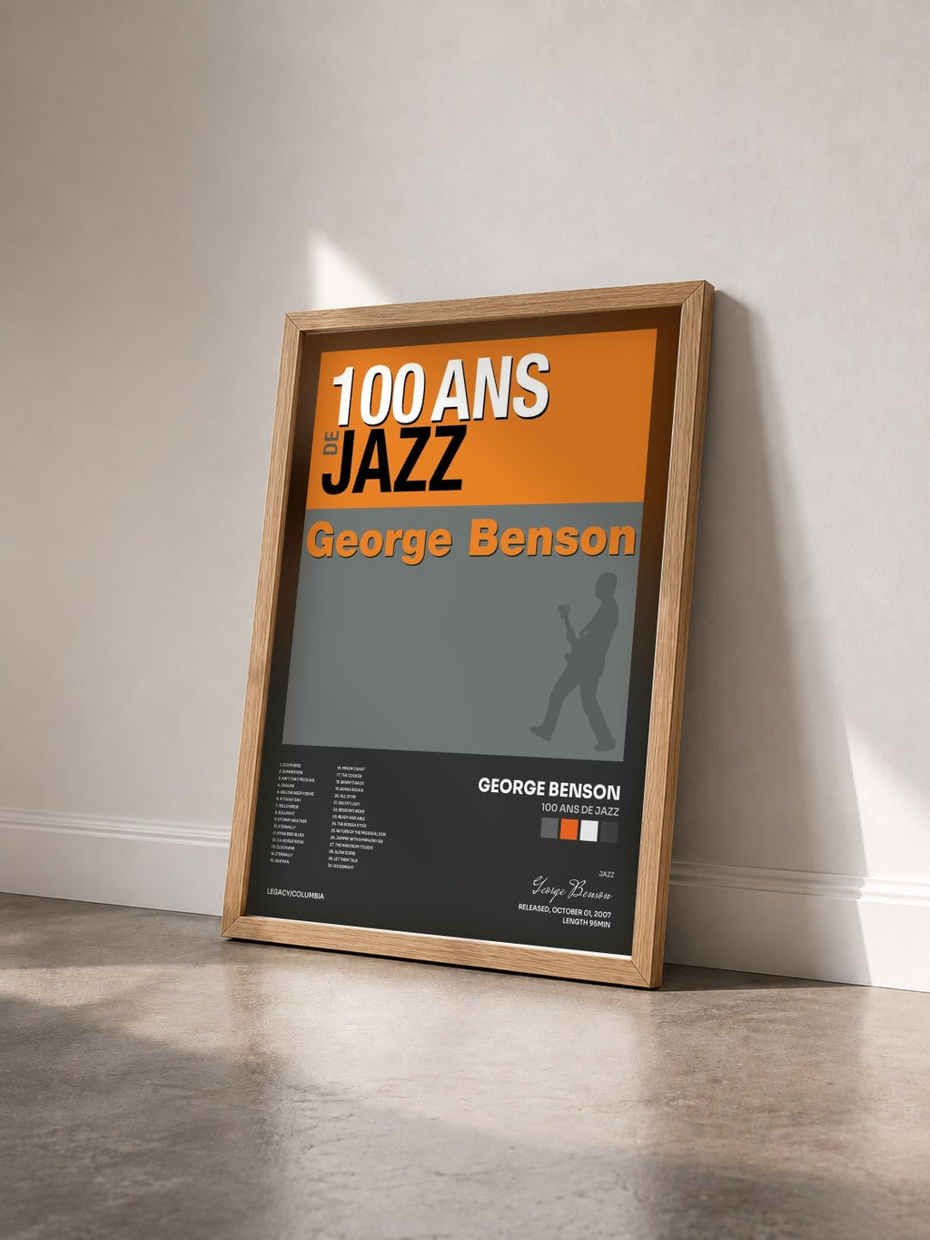 #bois Tableau de l'album 100 ans de jazz de George Benson vu de trois quarts, cadre en bois brut