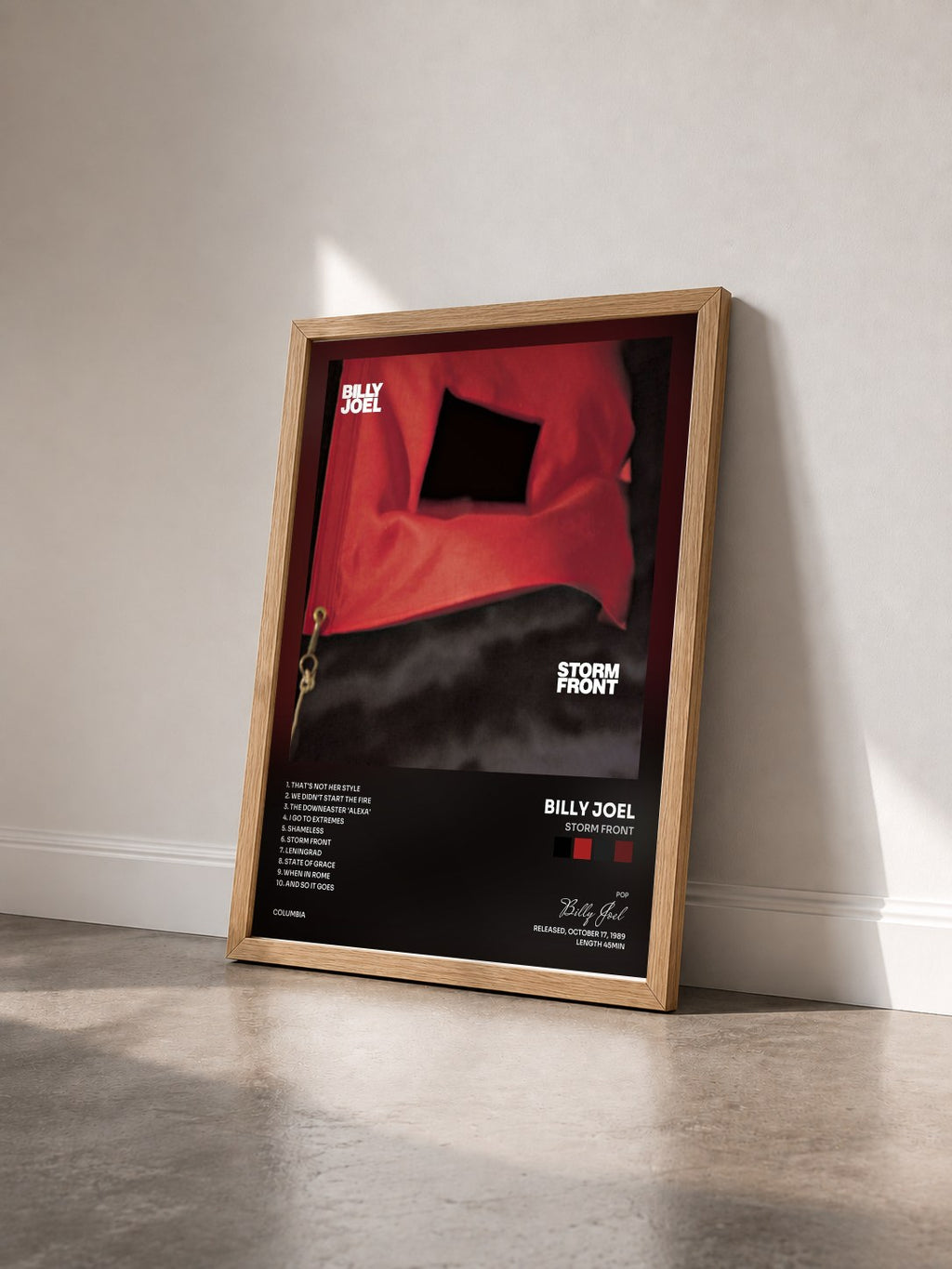 #bois Tableau de l'album Storm Front de Billy Joel vu de trois quarts, cadre en bois brut