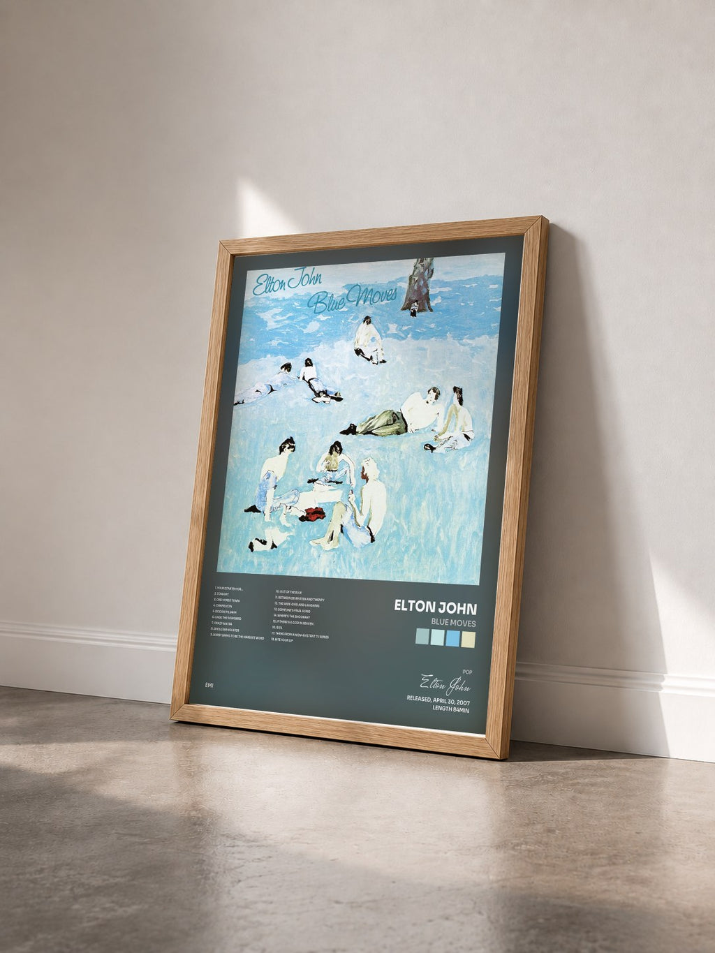 #bois Tableau de l'album Blue Moves de Elton John vu de trois quarts, cadre en bois brut