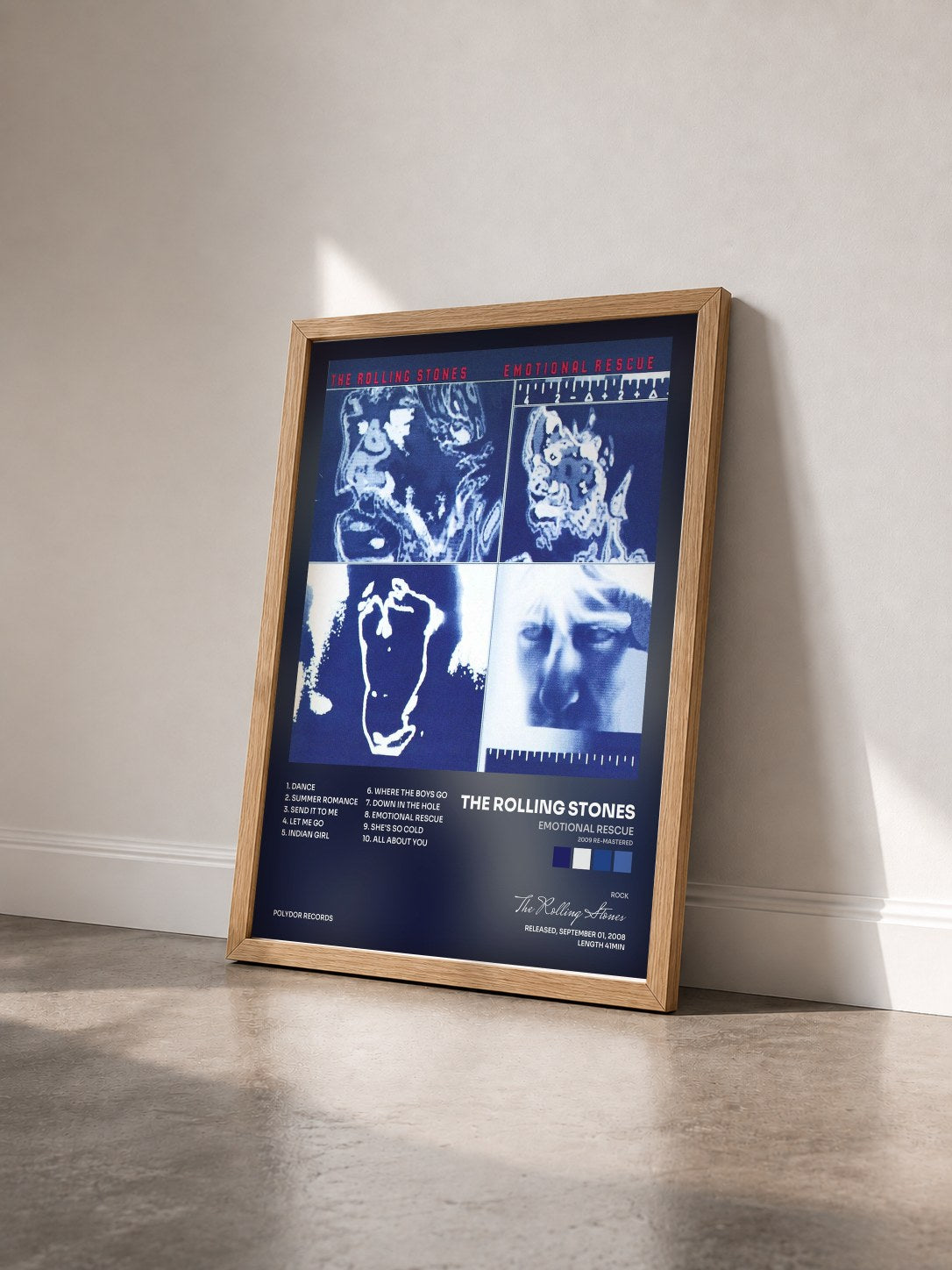 #bois Tableau de l'album Emotional Rescue (2009 Re-Mastered) de The Rolling Stones vu de trois quarts, cadre en bois brut