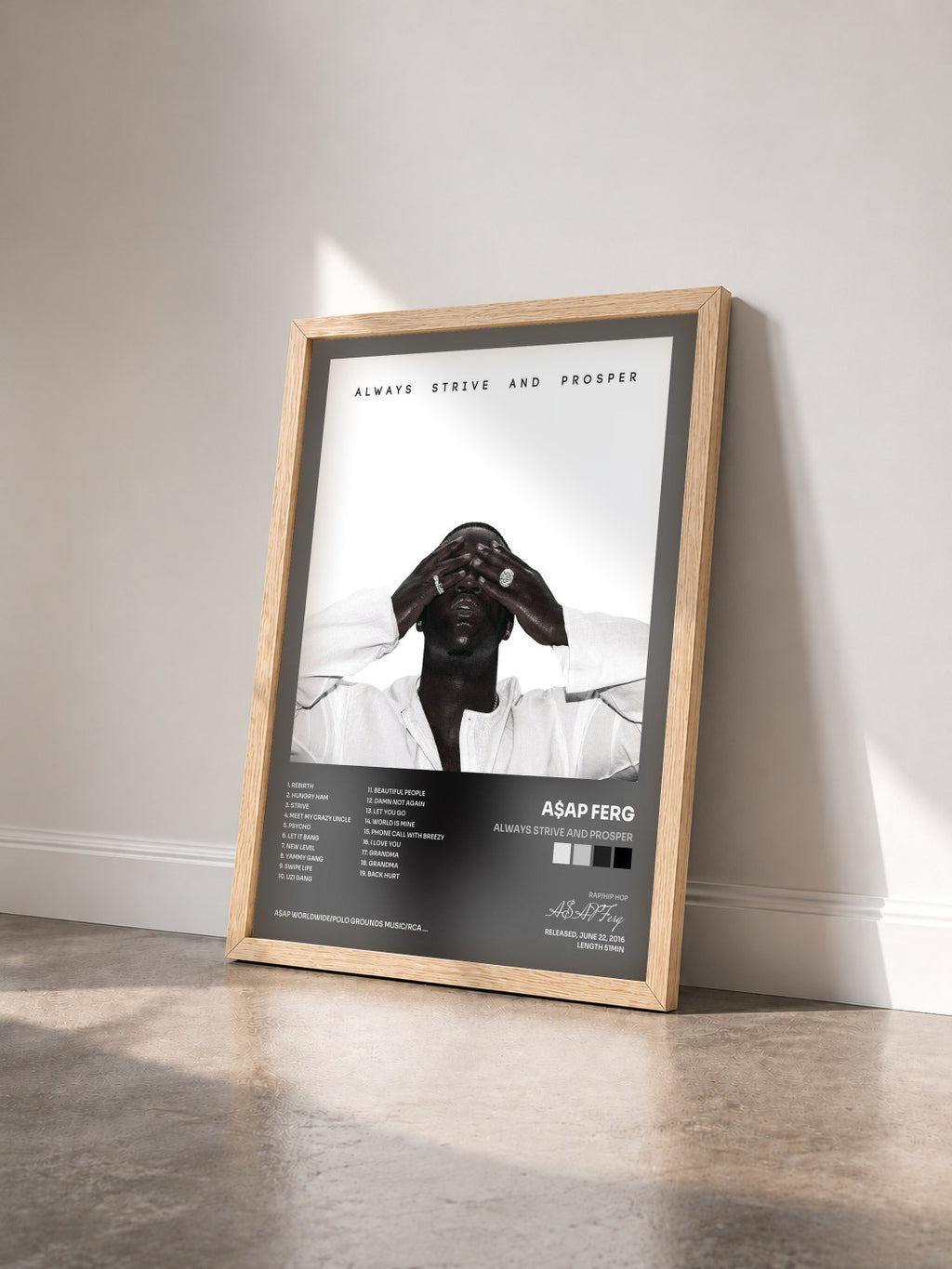 #bois Tableau de l'album ALWAYS STRIVE AND PROSPER de A$AP Ferg vu de trois quarts, cadre en bois brut