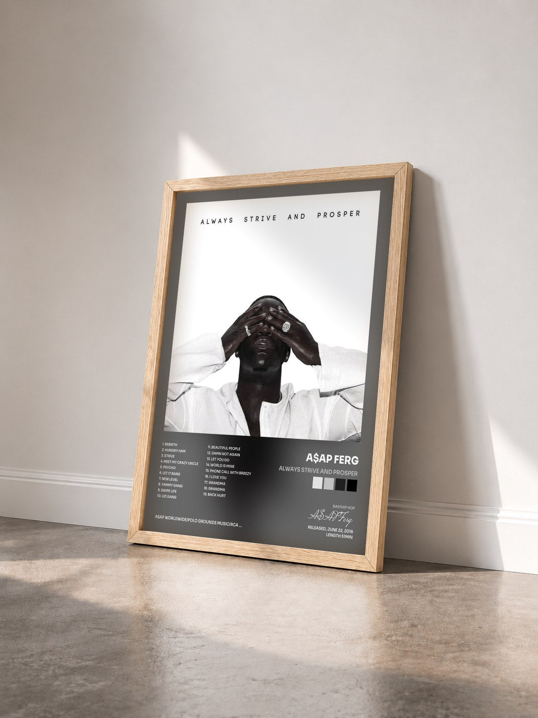#bois Tableau de l'album ALWAYS STRIVE AND PROSPER de A$AP Ferg vu de trois quarts, cadre en bois brut