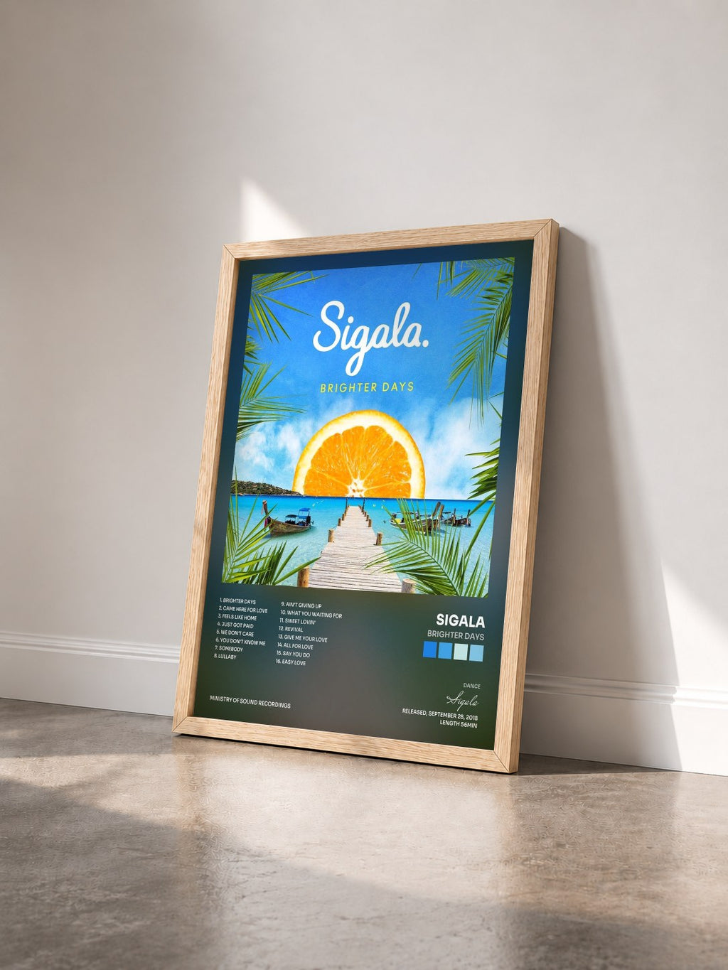#bois Tableau de l'album Brighter Days de Sigala vu de trois quarts, cadre en bois brut