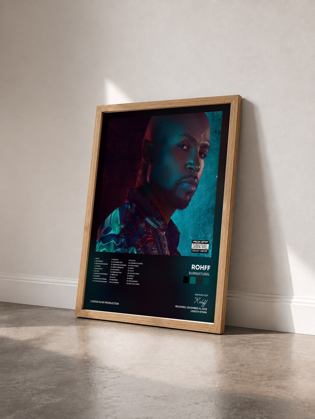 #bois Tableau de l'album Surnaturel de Rohff vu de trois quarts, cadre en bois brut