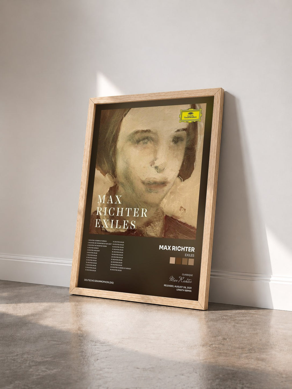 #bois Tableau de l'album Exiles de Max Richter vu de trois quarts, cadre en bois brut