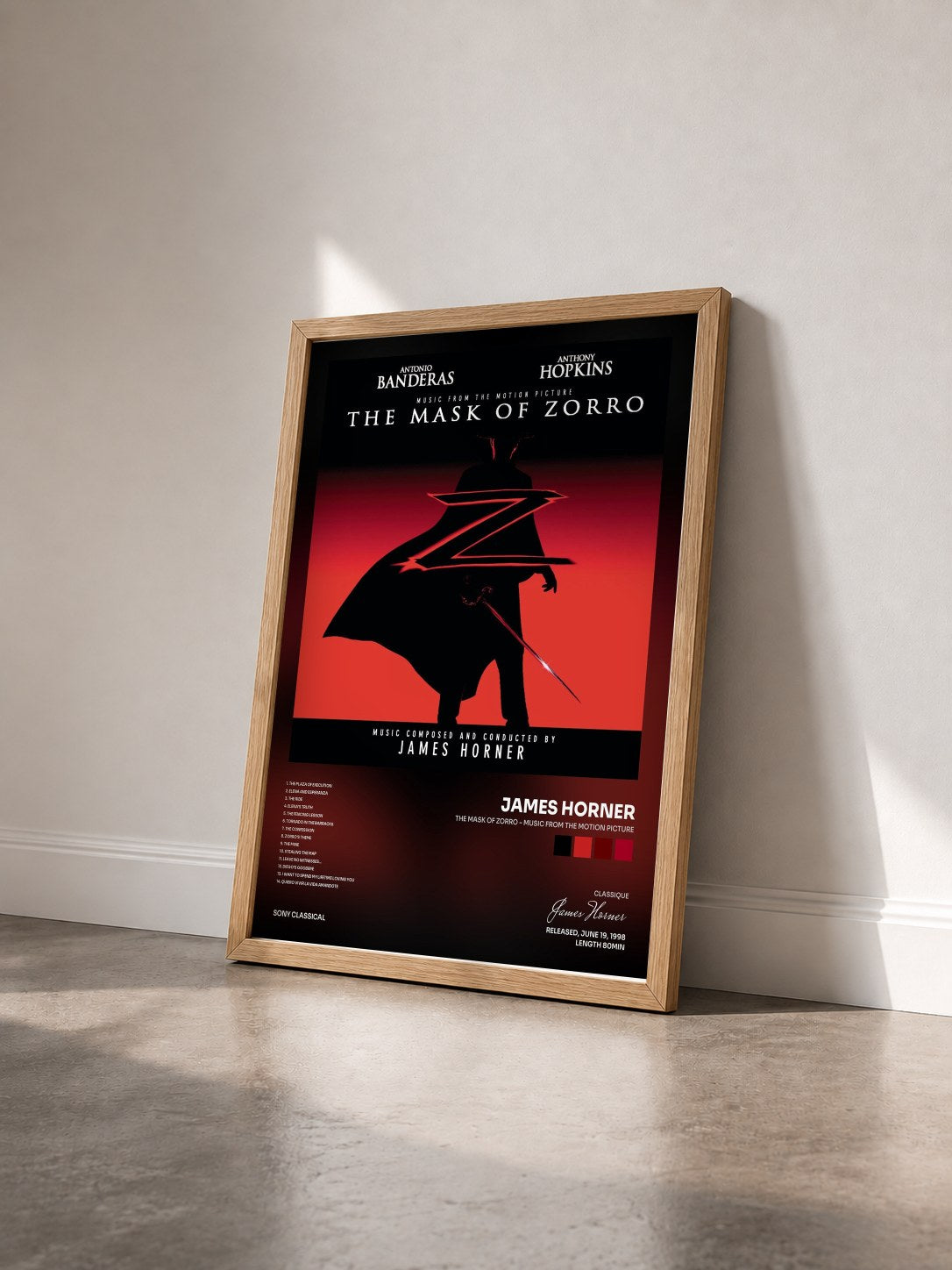 #bois Tableau de l'album The Mask of Zorro - Music from the Motion Picture de James Horner vu de trois quarts, cadre en bois brut