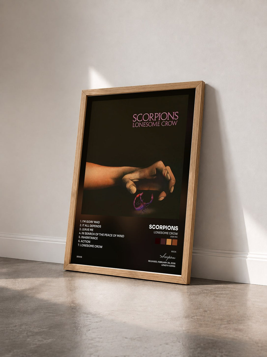 #bois Tableau de l'album Lonesome Crow (2026 Mix) de Scorpions vu de trois quarts, cadre en bois brut