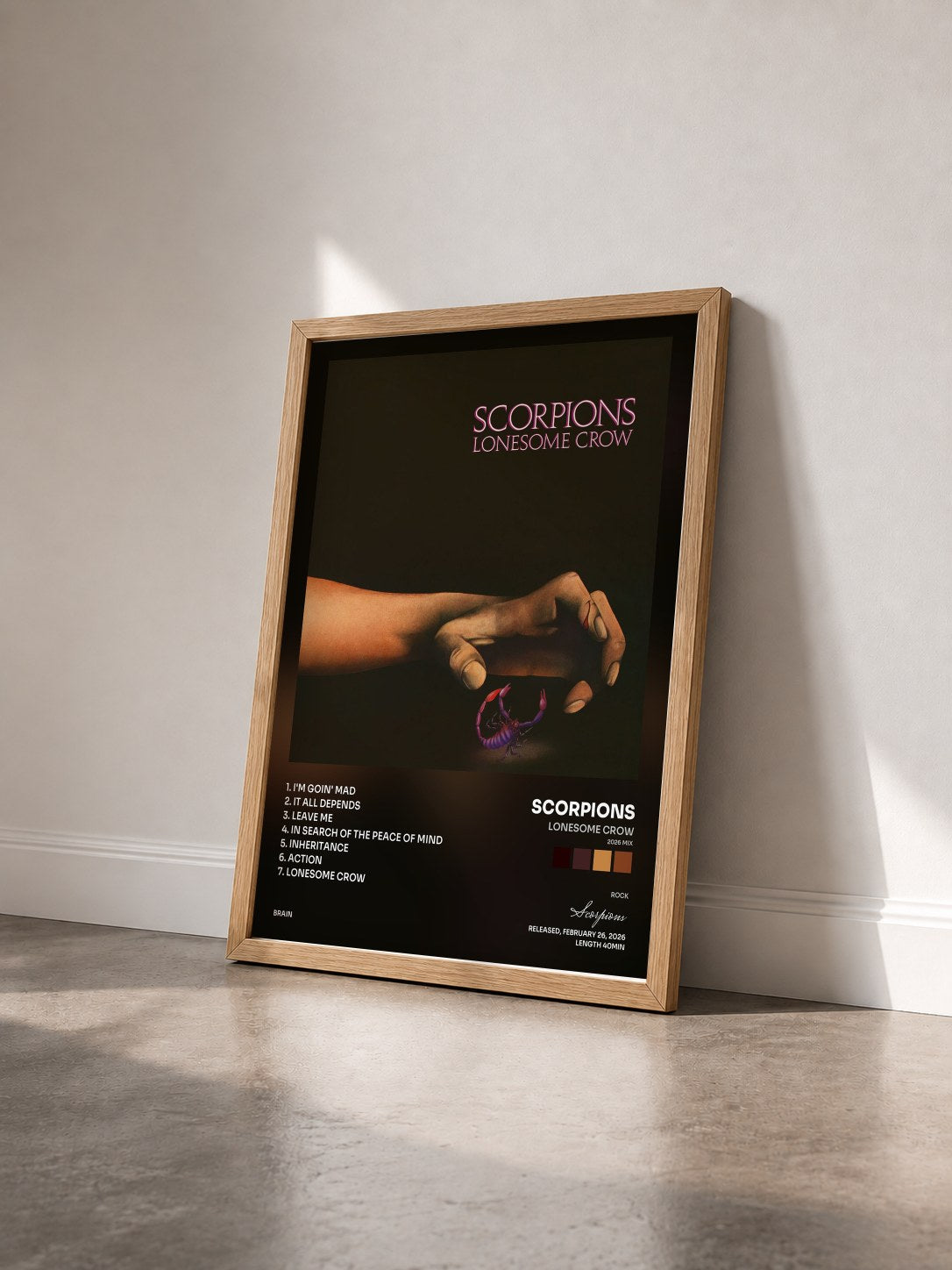 #bois Tableau de l'album Lonesome Crow (2026 Mix) de Scorpions vu de trois quarts, cadre en bois brut