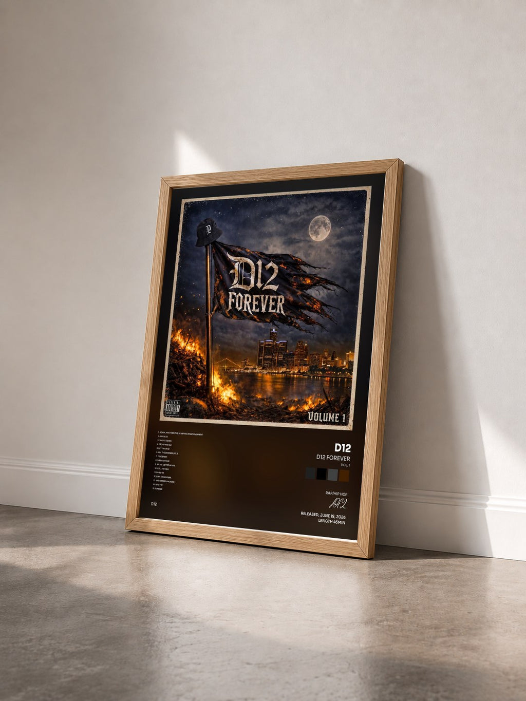 #bois Tableau de l'album D12 Forever (Vol. 1) de D12 vu de trois quarts, cadre en bois brut