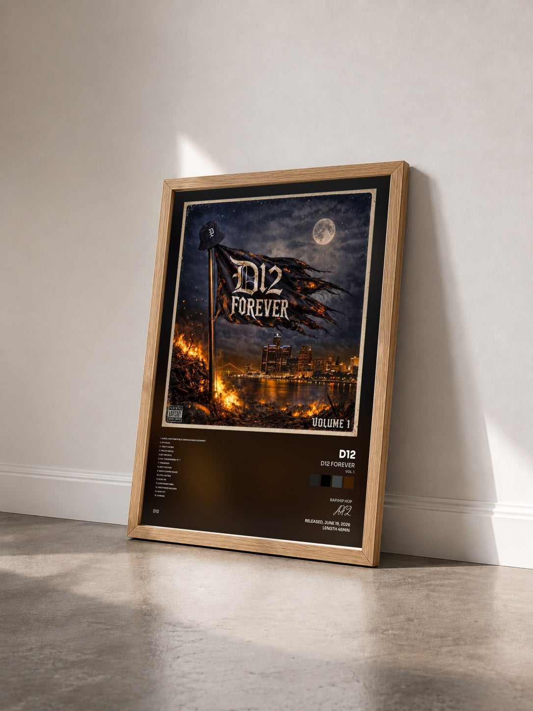 #bois Tableau de l'album D12 Forever (Vol. 1) de D12 vu de trois quarts, cadre en bois brut