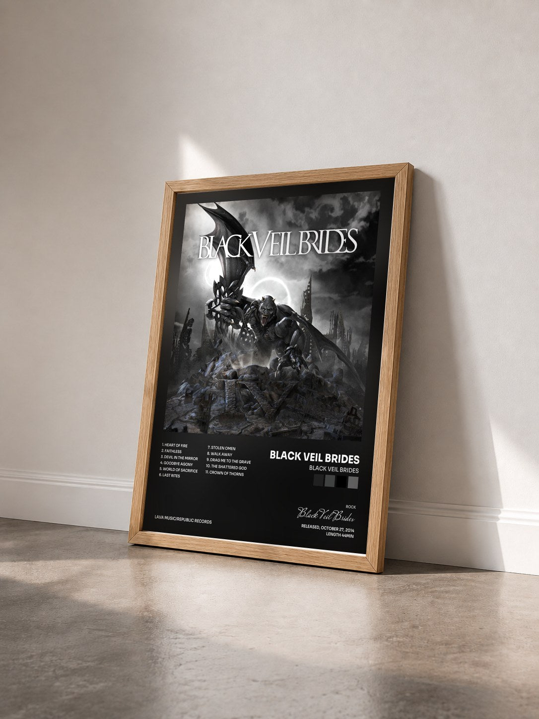 #bois Tableau de l'album Black Veil Brides de Black Veil Brides vu de trois quarts, cadre en bois brut