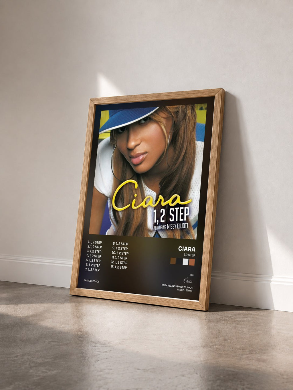 #bois Tableau de l'album 1,2 Step de Ciara vu de trois quarts, cadre en bois brut