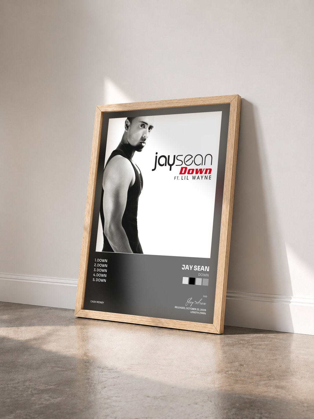 #bois Tableau de l'album Down de Jay Sean vu de trois quarts, cadre en bois brut