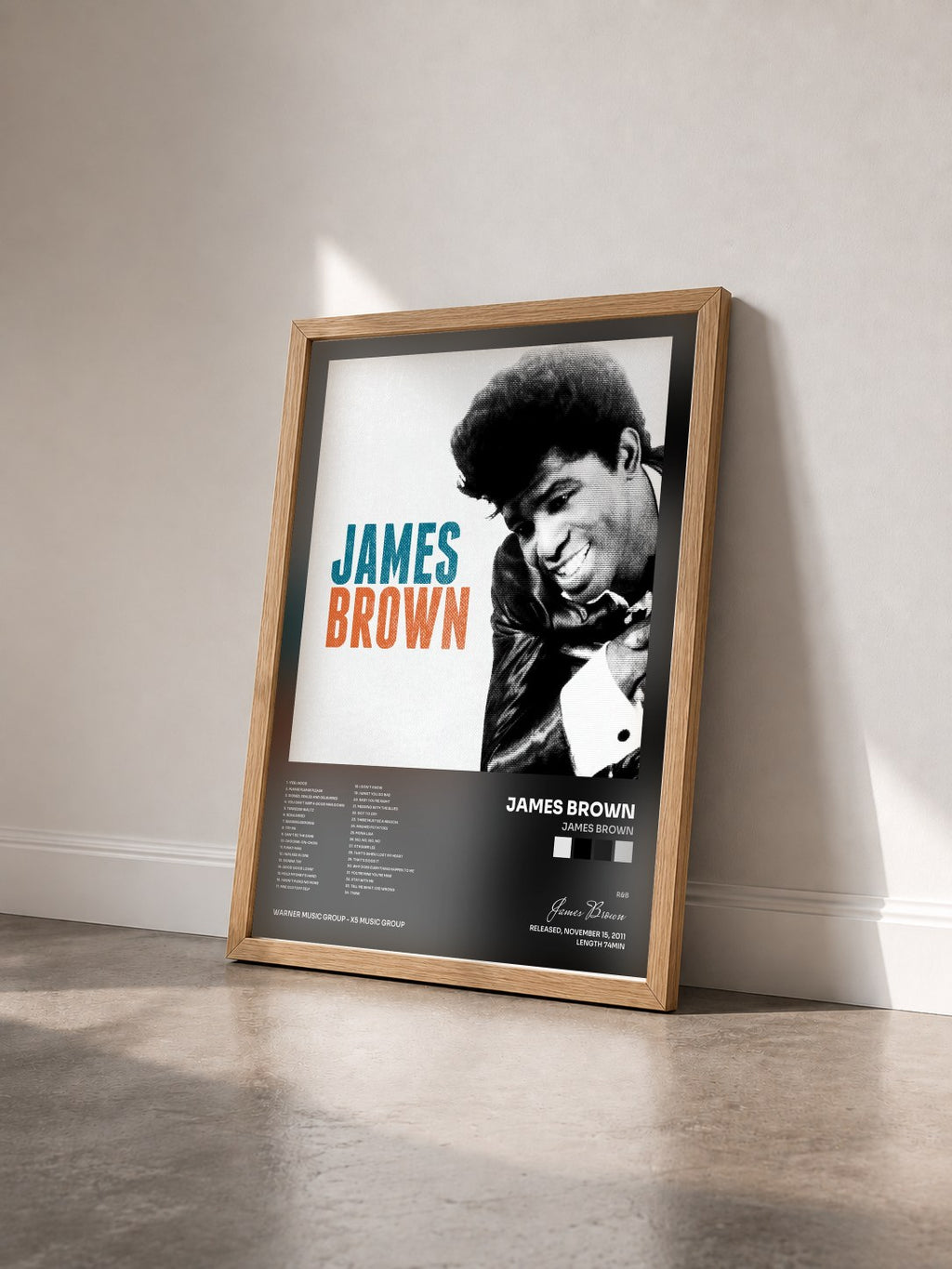 #bois Tableau de l'album James Brown de James Brown vu de trois quarts, cadre en bois brut