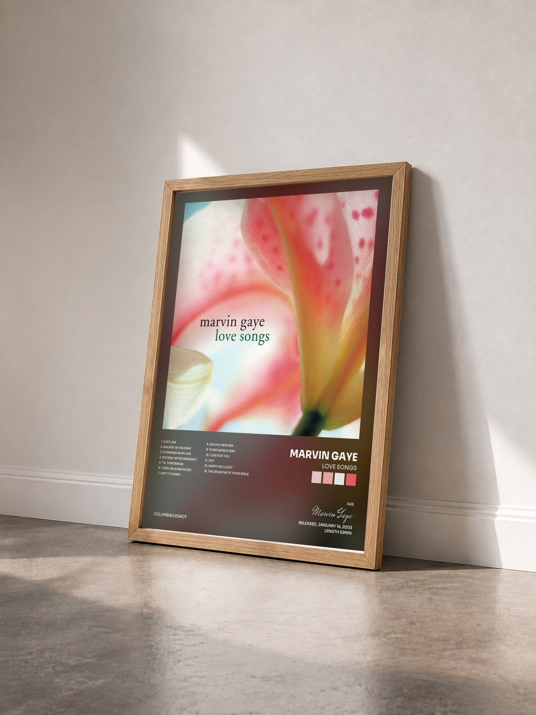 #bois Tableau de l'album Love Songs de Marvin Gaye vu de trois quarts, cadre en bois brut