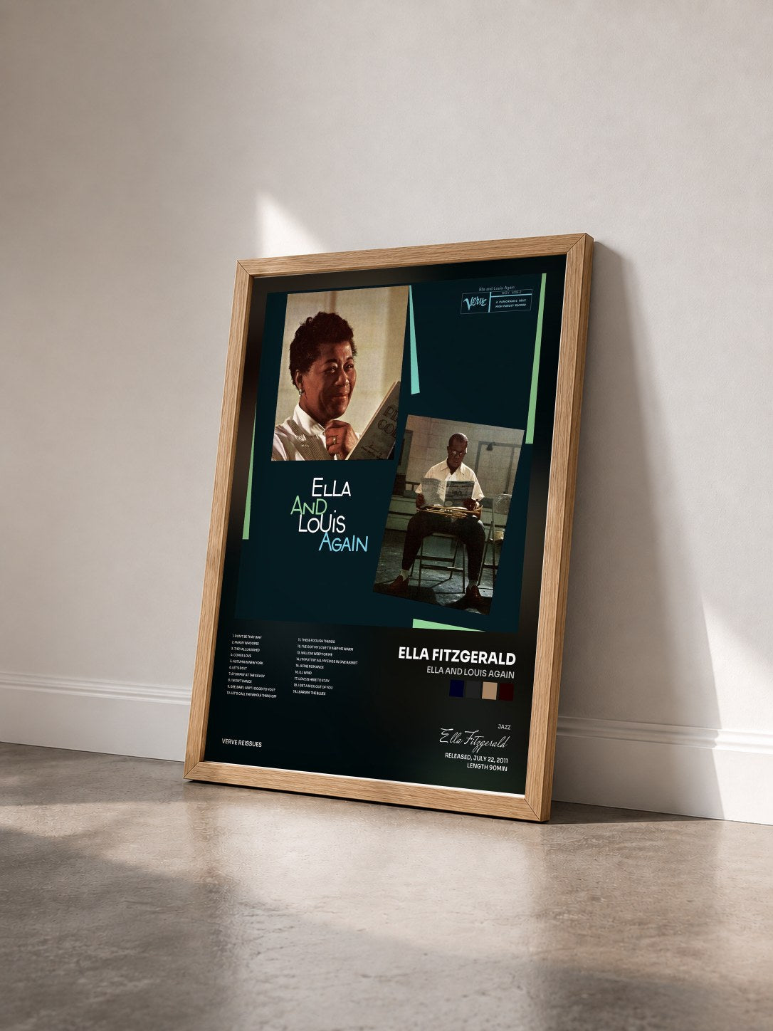 #bois Tableau de l'album Ella And Louis Again de Ella Fitzgerald vu de trois quarts, cadre en bois brut
