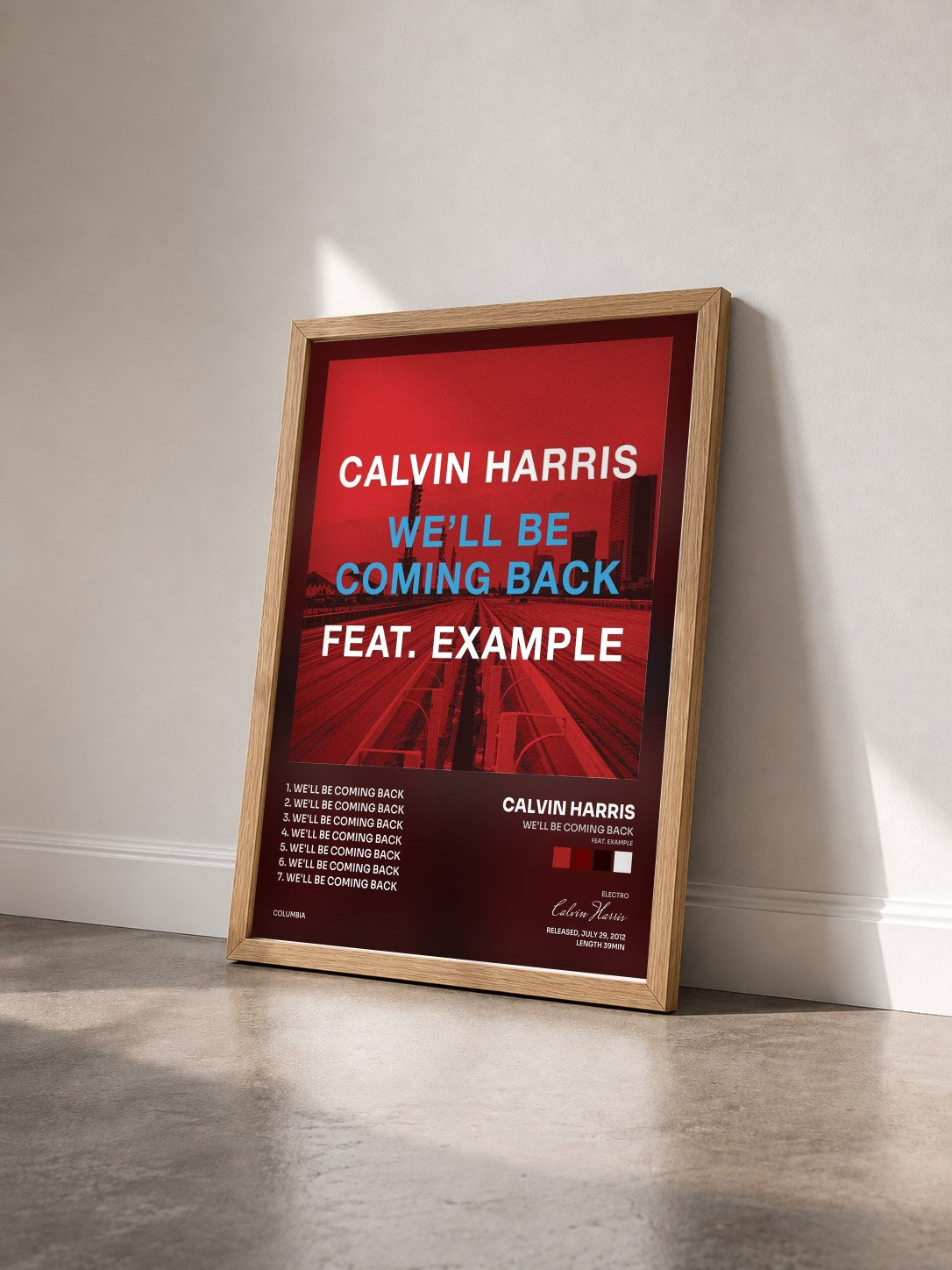 #bois Tableau de l'album We'll Be Coming Back (feat. Example) de Calvin Harris vu de trois quarts, cadre en bois brut