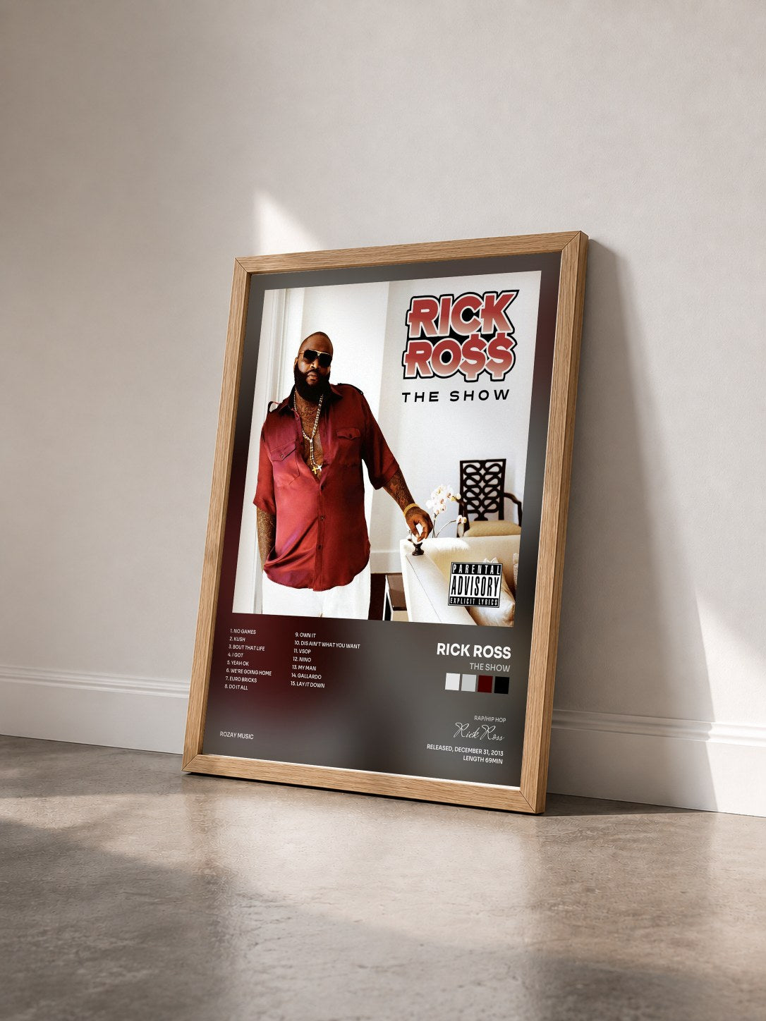 #bois Tableau de l'album The Show de Rick Ross vu de trois quarts, cadre en bois brut