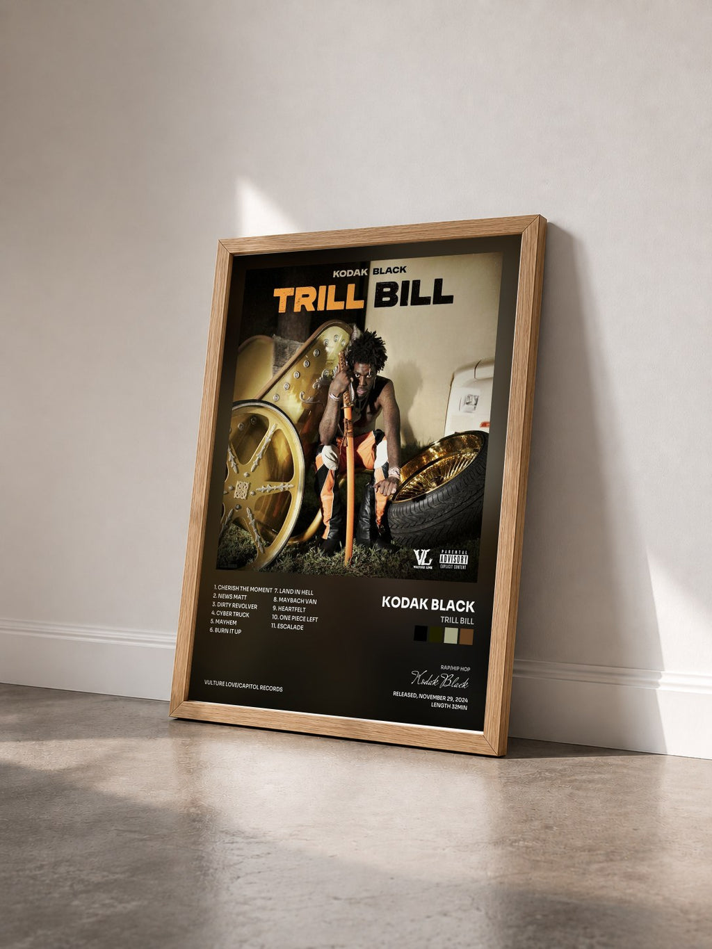 #bois Tableau de l'album Trill Bill de Kodak Black vu de trois quarts, cadre en bois brut