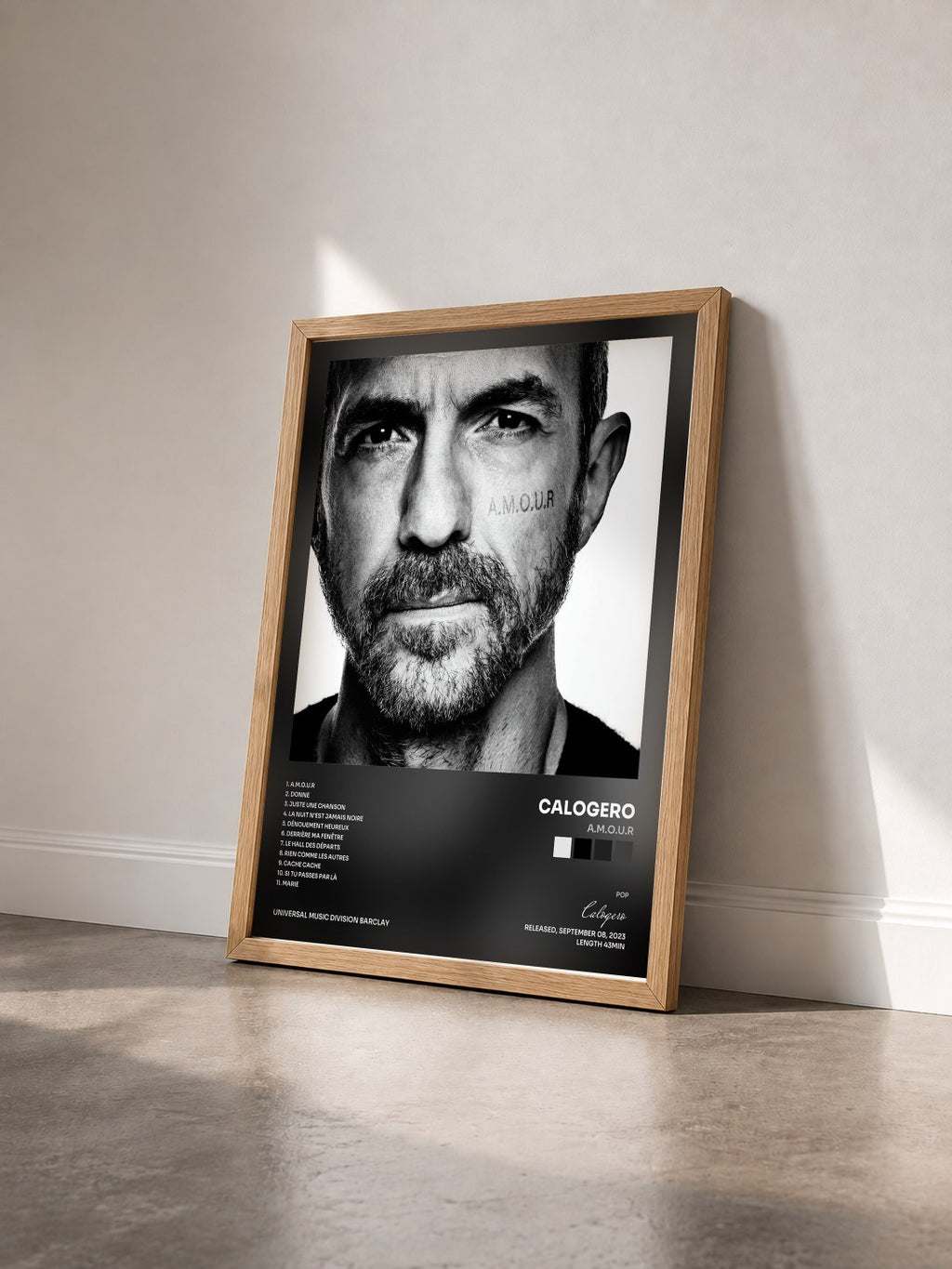 #bois Tableau de l'album A.M.O.U.R de Calogero vu de trois quarts, cadre en bois brut