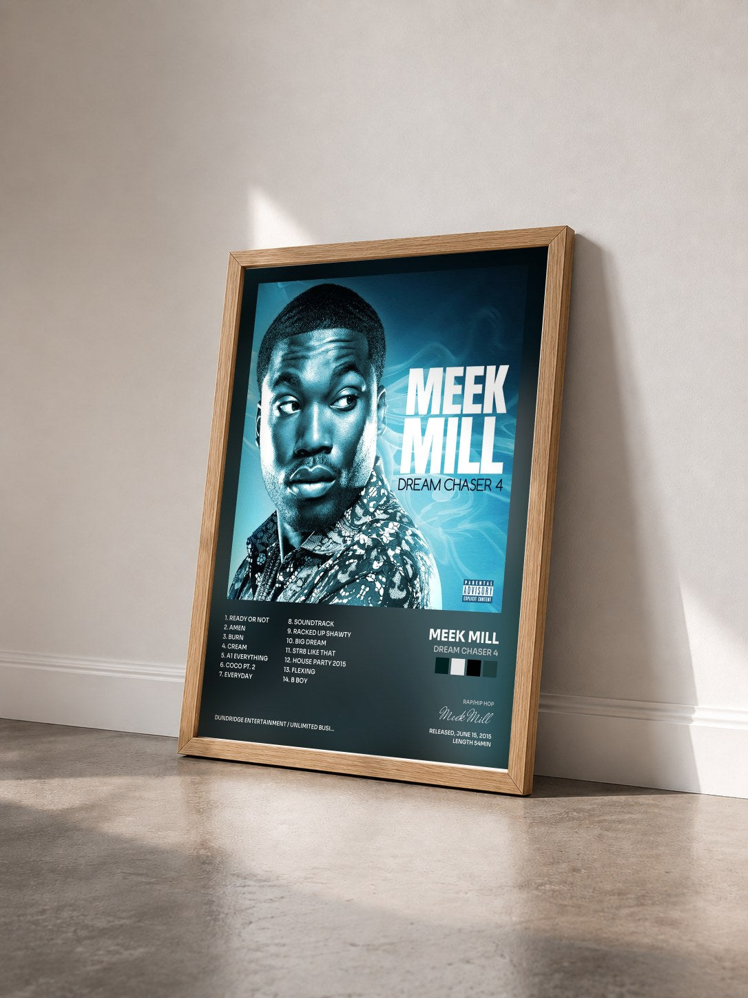 #bois Tableau de l'album Dream Chaser 4 de Meek Mill vu de trois quarts, cadre en bois brut
