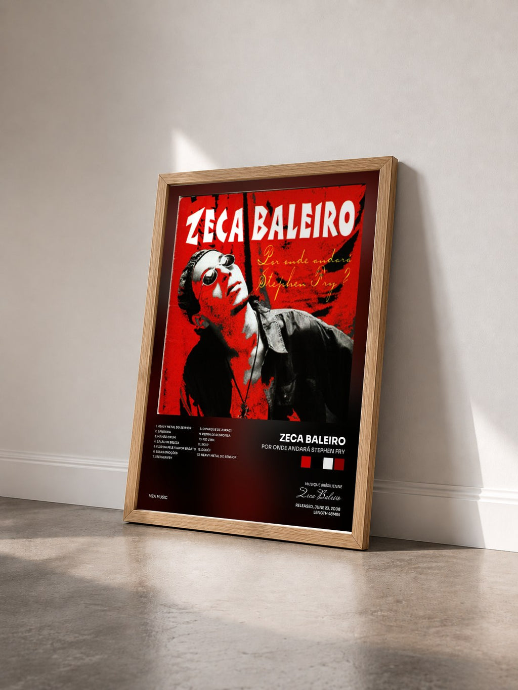 #bois Tableau de l'album Por Onde Andará Stephen Fry de Zeca Baleiro vu de trois quarts, cadre en bois brut