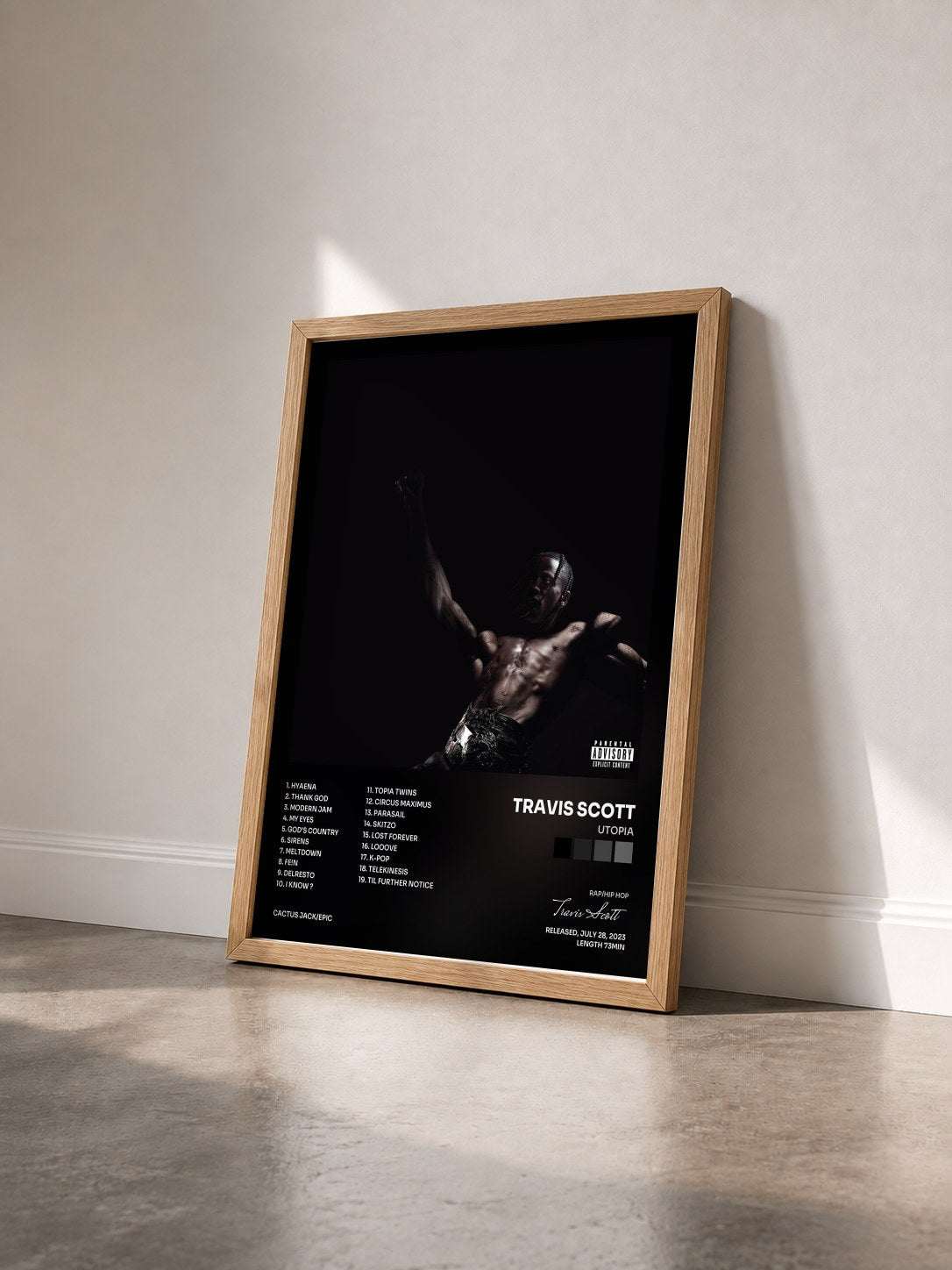 #bois Tableau de l'album UTOPIA de Travis Scott vu de trois quarts, cadre en bois brut